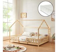 Lit d'enfant 'Sisimiut' à l'aspect de maison avec matelas et protection contre les chutes Bois de pin 140 x 200 cm Couleurs du bois