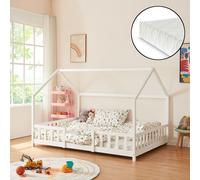 Lit d'enfant 'Sisimiut' à l'aspect de maison avec matelas et protection contre les chutes Bois de pin 140 x 200 cm Blanc