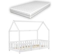 Lit d'enfant 'Sisimiut' à l'aspect de maison avec matelas et protection contre les chutes Bois de pin 80 x 160 cm Blanc