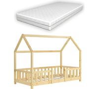 Lit d'enfant 'Sisimiut' à l'aspect de maison avec matelas et protection contre les chutes Bois de pin 80 x 160 cm Couleurs du bois