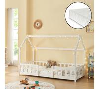 Lit d'enfant 'Sisimiut' à l'aspect de maison avec matelas et protection contre les chutes Bois de pin 90 x 200 cm Blanc
