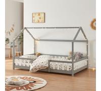 Lit d'enfant 'Sisimiut' à l'aspect de maison avec protection contre les chutes en pin 120 x 200 cm gris clair / blanc
