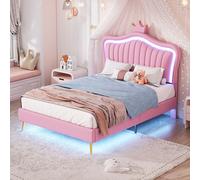 Lit d'enfant Sweiko Lit rembourré 90 x 200 cm, Rosas Couronne Lit double en cuirPolyuréthaneavec lampes LED
