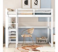 Lit d'enfant Sweiko Lit surélevé Cadre de lit avec espace de rangement, entièrement en pin, avec 4 compartiments de rangement et un plateau de bureau, blanc, 140 X 200 cm