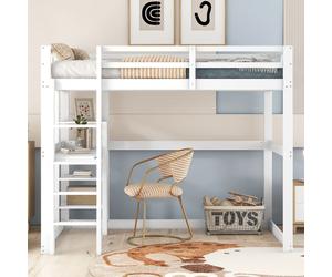 Lit d'enfant Sweiko Lit surélevé Cadre de lit avec espace de rangement, entièrement en pin, avec 4 compartiments de rangement et un plateau de bureau, blanc, 140 X 200 cm