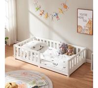 Lit d'enfant 'Tanna' lit de sol 80 x 160 cm Lit Montessori avec protection antichute pin blanc