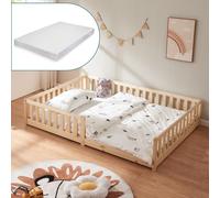 Lit d'enfant 'Tanna' lit de sol avec matelas 140 x 200 cm Lit Montessori avec protection contre les chutes Pin naturel