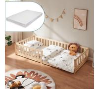 Lit d'enfant 'Tanna' lit de sol avec matelas 90 x 200 cm Lit Montessori avec protection contre les chutes Pin naturel