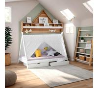 Lit D'Enfant Tipi 90x200 Lit Maison Lit Cabane Blanc Gris avec Sommier à Lattes Tiroir