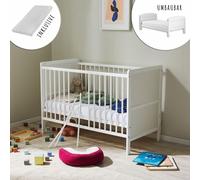 Lit d'enfant transformable 60x120 cm avec matelas, sommier à lattes et protection contre les chocs en bois massif blanc - 120x60 cm taille parfaite après le lit à barreaux Lit de bébé