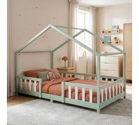 Lit d'enfant 'Treviolo' à l'aspect de maison avec protection contre les chutes en pin 140 x 200 cm vert menthe / blanc