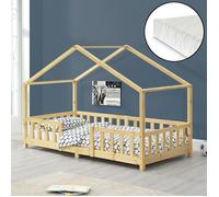 Lit d'enfant Treviolo Forme Maison avec Matelas à Mousse à Froid 200 x 90 cm Bois Naturel [en.casa]