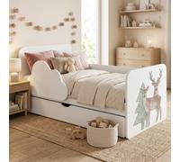 Lit d'enfant « Wolke » 140 x 70 cm, blanc | Ensemble complet comprenant un matelas, un tiroir et une barrière de sécurité | Lit junior, animaux colorés