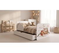 Lit d'enfant « Wolke » 160 x 80 cm, blanc | Ensemble complet comprenant un matelas, un tiroir et une barrière de sécurité | Lit junior avec des animaux colorés