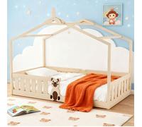 Lit d'enfants Tipi Naturel avec Protection Contre Les Chutes en Bois de Pin Massif 95x205 cm Sommier á Lattes et Grille