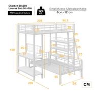 Lit d'étage avec cadre métallique Lit haut 90*200, Lit multifonctionnel avec plusieurs compartiments, Blanc