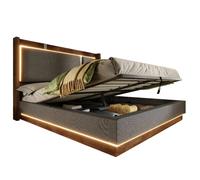 Lit double 140/190 cm gris noyer en lin et bois avec LED et coffre hydraulique
