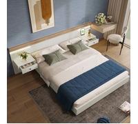 Lit double 140×200 cm avec 2 chevets LED tiroirs sommier à lattes prise USB Type C bois blanc Sans matelas