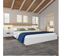 Lit Double 140×200 cm avec 2 Tables de Nuit LED, USB, Type-C et Prise, sans Matelas, Blanc et Chêne Sonoma - UVRION