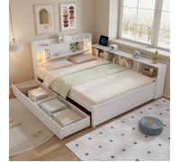 Lit Double 140×200 cm avec Tête de Lit Rangement, 2 Lampes, Prise de Charge et 2 Tiroirs, Sans Matelas Blanc