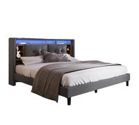 Lit double 140/200 cm gris en bois massif avec rangement LED et USB