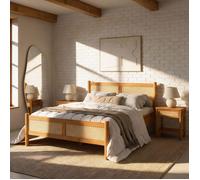 Lit Double 140 x 190 cm CEFIRA, Couleur Chêne, Tête & Pied de Lit en Rotin Tressé en bois massif