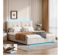 Lit double 140 x 200 cm avec sommier à lattes et espace de rangement, Lit coffre avec LED et Pochette, Lit Adulte, Velours Beige