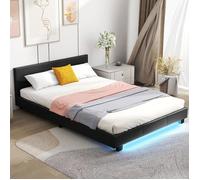 Lit Double 140 x 200 CM COSTWAY en Simili Cuir, Bandes LED, Tête de Lit, Sommier à Lattes en Bois, Lit Adulte Charge 300 kg, Noir