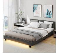 Lit Double 140 x 200 CM COSTWAY en Simili Cuir, Bandes LED, Tête de Lit, Sommier à Lattes en Bois, Lit Adulte Charge 300 kg, Gris