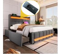 Lit double 140 x 200 cm Lit capitonné avec éclairage LED et prise USB, tête de lit avec étagères et rangement avec 4 tiroirs - gris