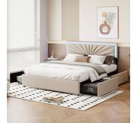 Lit Double 140 X 200 Cm, Rembourré Avec 4 Tiroirs Et LED, Sommier à Lattes, Lin Beige