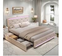 Lit Double 140x190, avec 4 tiroirs de Rangement, Lit Double rembourré avec sommier éclairage LED et Charge USB, Velours, Beige