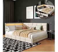 Lit double 140x190, avec tiroirs, LED, cadre de lit 140x190, lit 2 places, avec sommier à lattes et tete de lit, tissu lin, beige