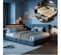 Lit double 140x190 cm, 2 tiroirs, LED, lit 2 places, canapé lit 140x190, sommier à lattes, tete de lit, tissu en lin, gris