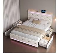 Lit Double 140x190 cm, 4 Tiroirs de Rangement, Éclairage LED RGB sur Tête et Pied de Lit, Ports USB/Type-C Intégrés