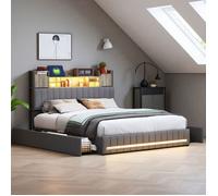 Lit double 140x190 cm, 4 tiroirs, LED et USB, Scandinave, lit adulte avec sommier, Lin, Gris