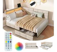 Lit double 140x190 cm avec 2 Tiroirs-LUMINARIX-Canapé Lit adulte - LED et USB-Cadre de lit d'angle avec tête de lit-Lin beige