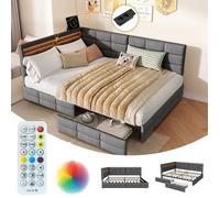 Lit double 140x190 cm avec 2 Tiroirs-LUMINARIX-Canapé Lit adulte - LED et USB-Cadre de lit d'angle avec tête de lit-Lin Gris