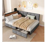 Lit double 140x190 cm avec 2 Tiroirs-SORVAGLOS-Canapé Lit adulte - LED et USB-Cadre de lit d'angle avec tête de lit-Lin Gris