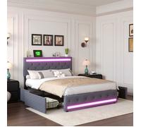 Lit double 140x190 cm avec 4 tiroirs et sommier LED, Tête de lit capitonnée avec recharge intégrée, Moderne et minimaliste, Lin gris