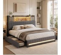 Lit Double 140x190 cm avec 4 tiroirs, Lit adulte tête de lit avec rangement LED et USB, Cadre de Lit avec Sommier Inclus, Lin Gris