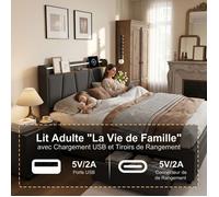 Lit double 140x190 cm avec rangement, lit coffre 2 tiroirs, cadre lit vérin pneumatique, tissu lin gris foncé