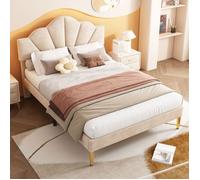 Lit Double 140x190 cm en Velours - avec Tête de Lit Coquille - Réglable en Hauteur - Pieds Dorés - Beige - MERAX