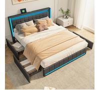 Lit double 140x190 cm - LUMINARIX - LED intégrée - 4 tiroirs - USB et Type-C - Gris