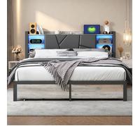 Lit double 140x190 cm - LUMINARIX - Métal - LED intégrée - 2 tiroirs - Gris - PU