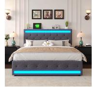 Lit double 140x190 cm - MEXUS - Gris - Tissu en lin - LED intégrée - Port USB - Avec tiroirs - Cadre de lit - Tete de lit 140
