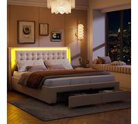 Lit Double 140x190 Cm Rembourré Avec LED, 2 Tiroir Et Coffre, Style Chesterfield, Velours Chic