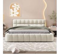 Lit double 140x190 cm - Sommier à lattes - lit 2 Personnes - Tête de lit rembourrée - Convient aux adolescents - Lin -beige