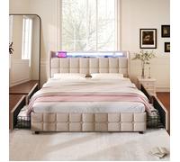 Lit double 140x190 cm tissu lin beige, rangement 4 tiroirs, éclairage LED, charge USB, sommier à lattes rembourré