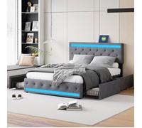 Lit double 140x190 - PERGAR - Avec rangement - Lumières LED - 4 tiroirs - Confortable en lin gris